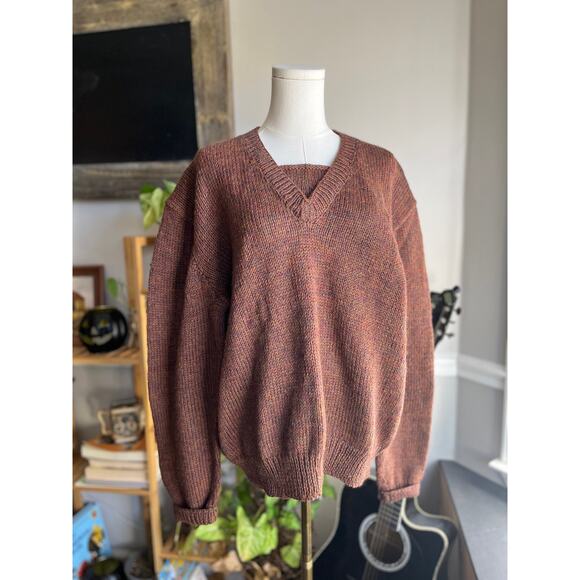 Vintage 70s Handmade Brown Knit Fisherman Sweater Size Large XL - Picture 1 of 4